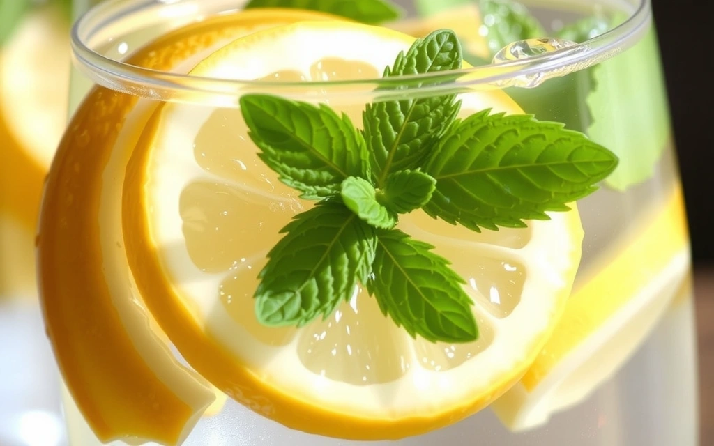 Un primer plano de un vaso de agua fresca con rodajas de limón y menta, simbolizando hidratación y desintoxicación.