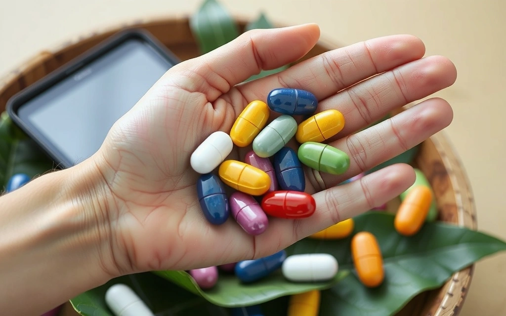 Una mano sosteniendo varias píldoras de suplementos nutricionales de diferentes colores, con un fondo suave y desenfocado de elementos naturales.