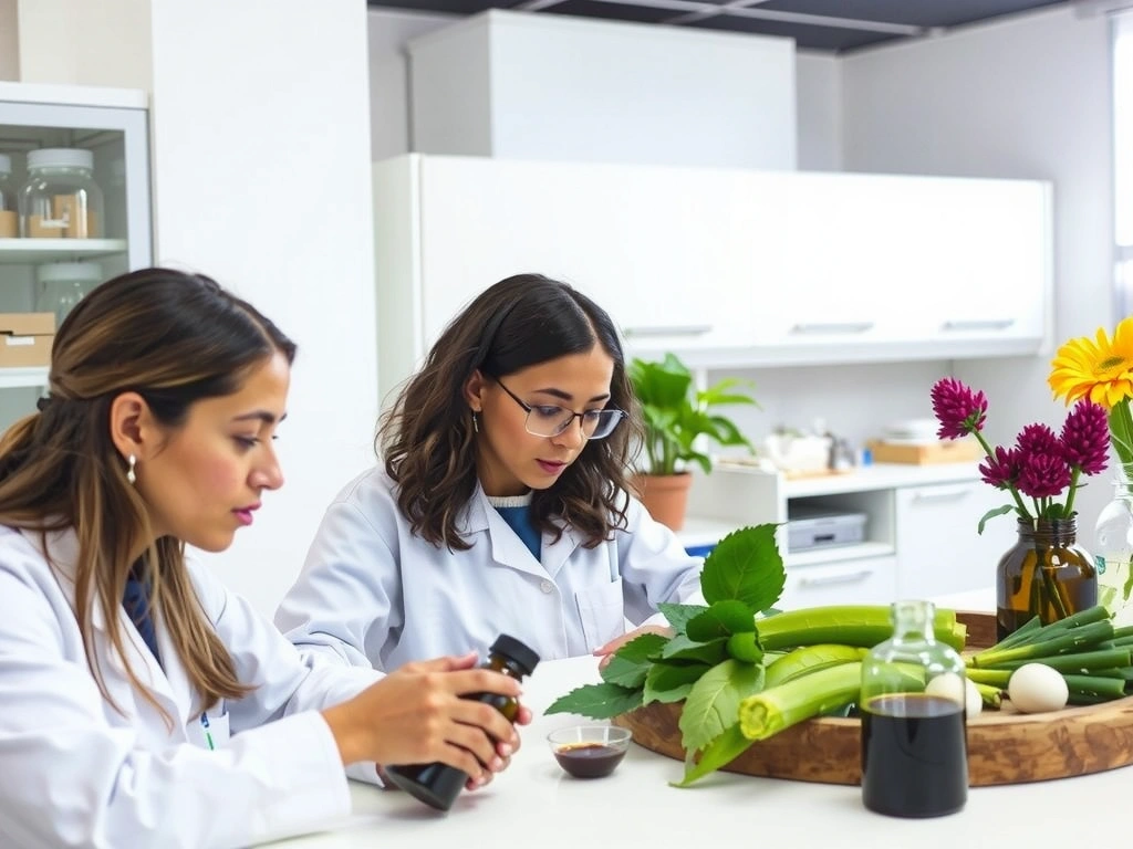 Científicos inspectando ingredientes naturales en un laboratorio