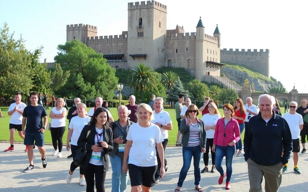 Personas participando en un evento de salud comunitario al aire libre en Alicante, con el castillo de Santa Bárbara al fondo.